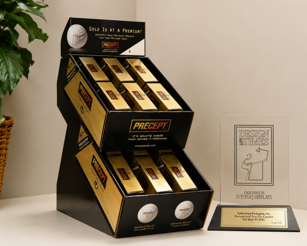 Distinct gold display with award and plant