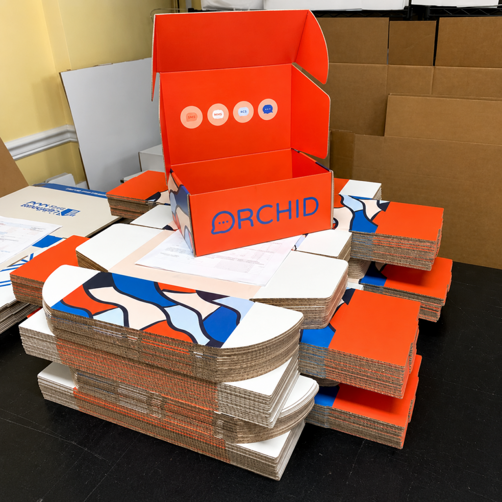 Custom corrugated packaging box displayed with printed box components.