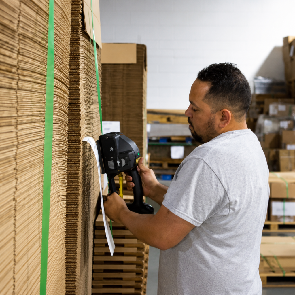 Warehouse worker scanning barcode labels