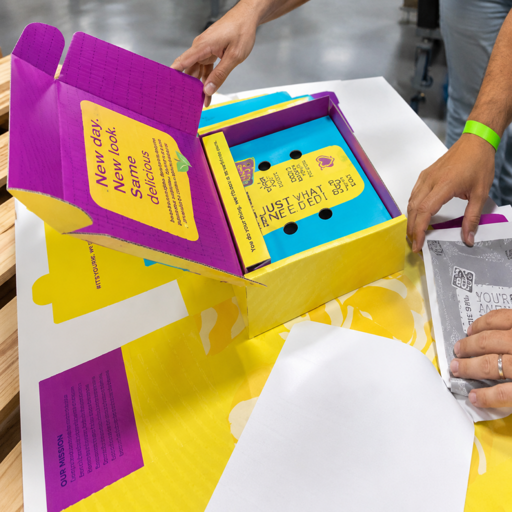 Custom printed corrugated packaging box being assembled on a production table