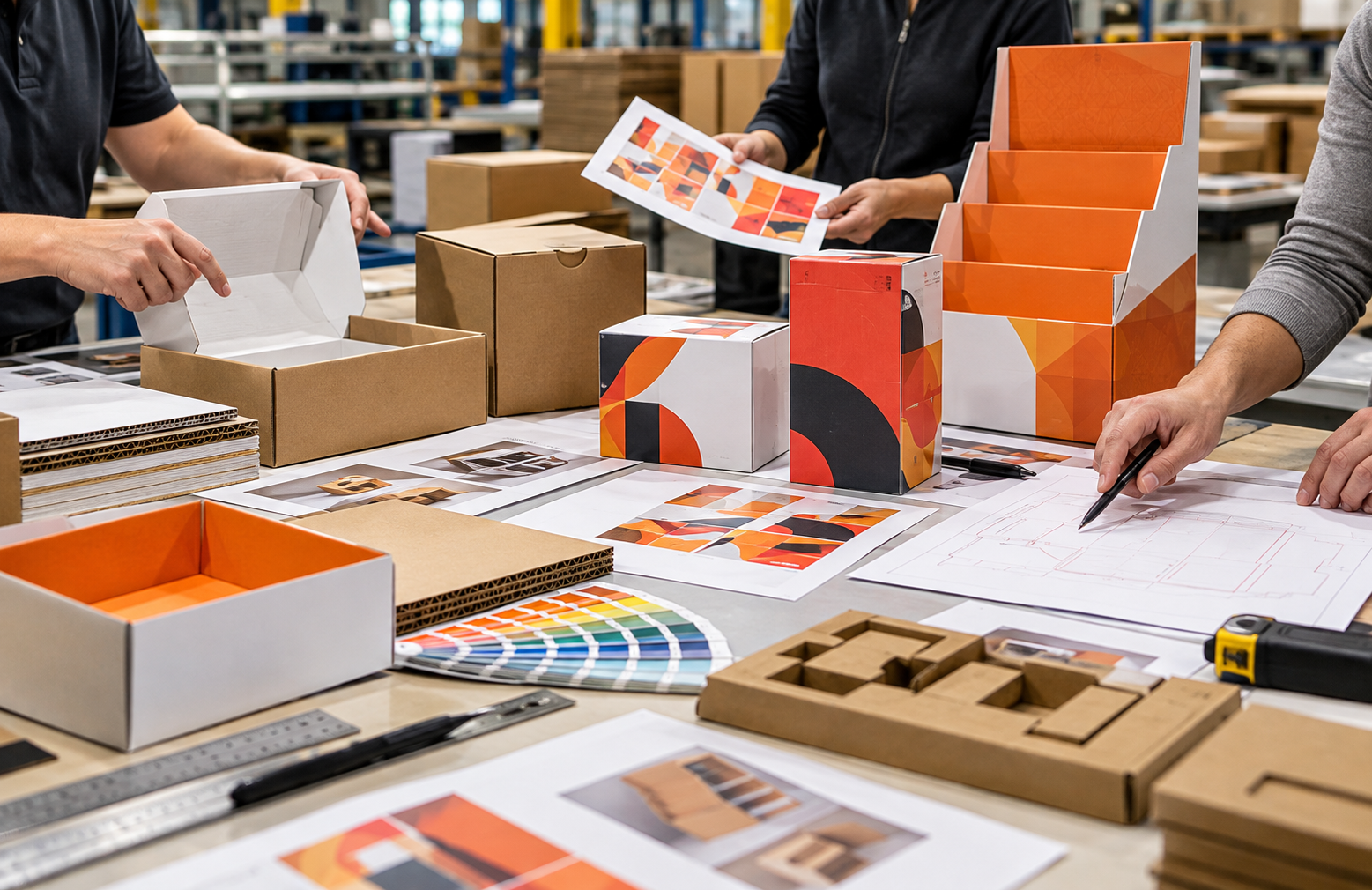 Professional packaging review table with several connected components being checked before production